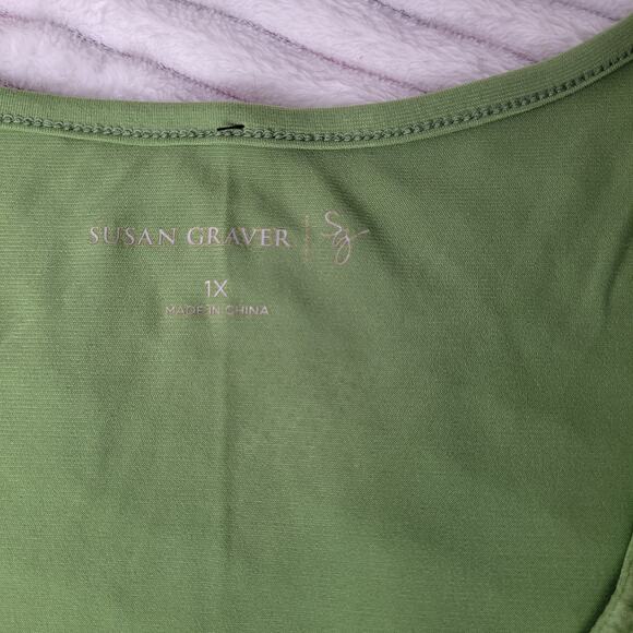 Susan Graver Green Embroidered Floral Top 1X Boho Cottagecore Feminine Chic - Picture 4 of 8